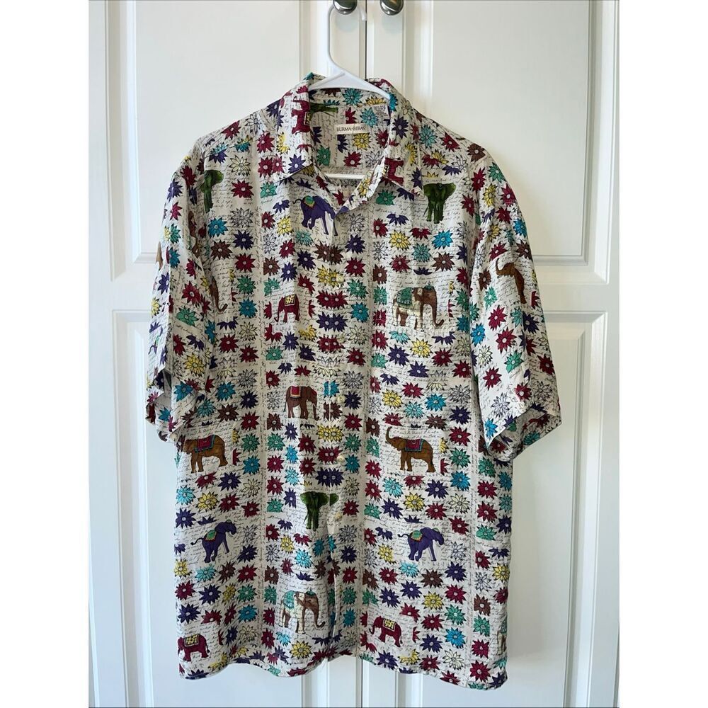 Burma Bibas Shirt Mens Medium 100% Silk Camp Elephant Floral Print